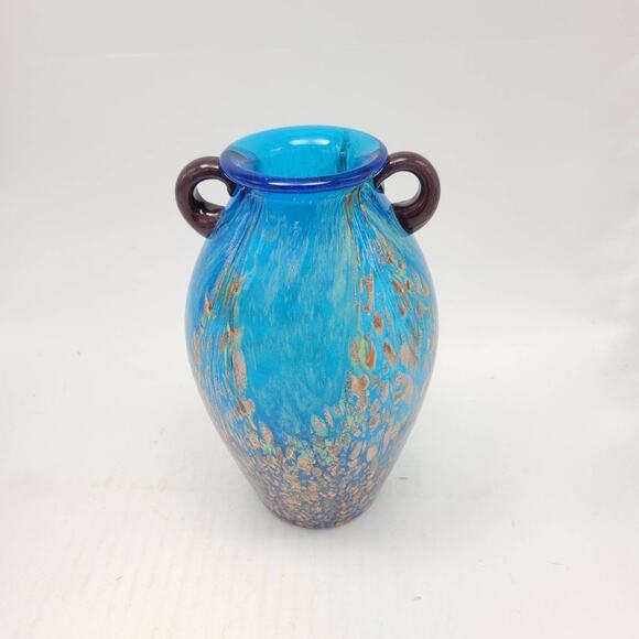 Vintage Vase Dale Tiffany Amphora Aventurine, Aqua Blue, Gold Copper Flecked, 8" - Picture 2 of 4